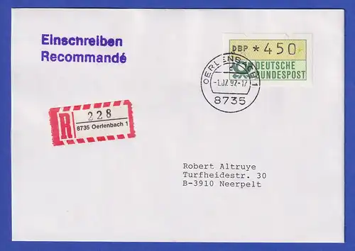 ATM 1.2 Typ N Wert 450 auf R-Brief nach Belgien, O Oerlenbach 1.7.92