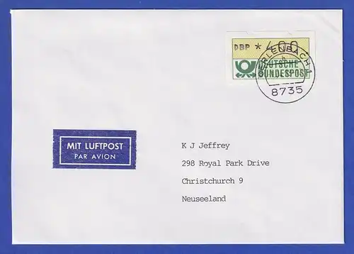 ATM 1.2 Typ N Wert 400 auf Lp-Brief nach Neuseeland, O Oerlenbach 1.4.93