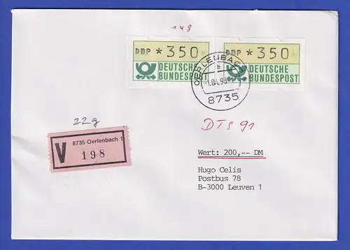 ATM 1.2 Typ N Wert 350  2x  auf Wertbrief, O Oerlenbach 1.4.93