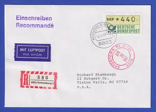 ATM 1.2 Typ N Wert 440 auf R-Brief in die USA, Ersttag 14.4.92, O Rothenburg 