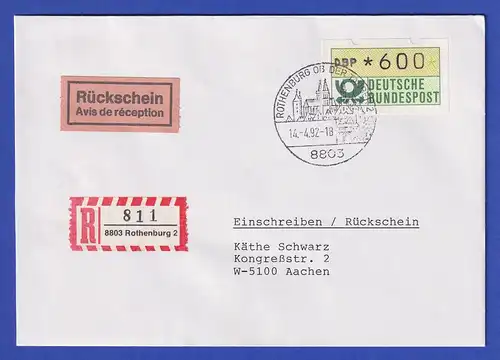 ATM 1.2 Typ N Wert 600 auf R-Rückschein-Brief, Ersttag 14.4.92, O Rothenburg 