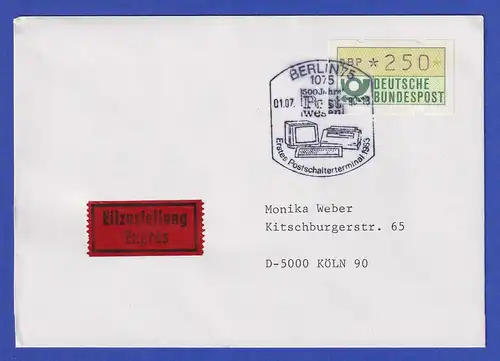 ATM 1.1 Typ K Wert 250 auf Eilbrief So.-O BERLIN 1.7.90 = Ersttag ATM in der DDR