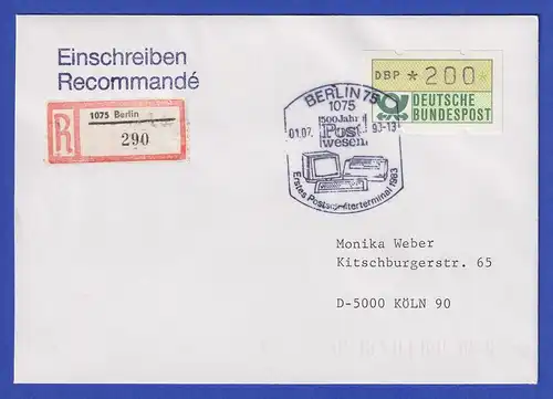ATM 1.1 Typ K Wert 200 auf R-Brief, So-O BERLIN 1.7.90 = Ersttag ATM in der DDR