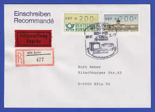 ATM Bund/Berlin je 200 auf R-E-Brief So-O BERLIN 1.7.90 = Ersttag ATM in der DDR