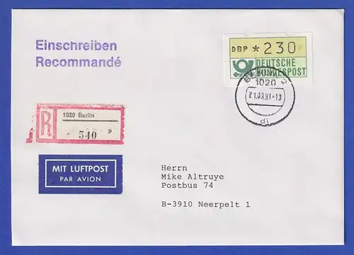 ATM 1.1 Typ K Wert 230 auf Lp-R-Bf. nach Belgien. Tages-O Berlin (ost) 21.09.91