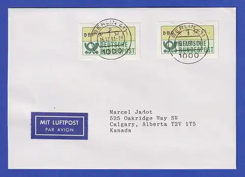ATM 1.1 Typ K Wert 180 2x auf Lp-Brief nach Kanada, O BERLIN 411 16.12.91
