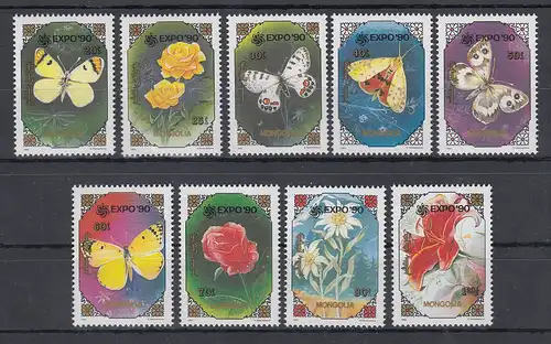 Mongolei 1991 Schmetterlinge und Blüten Mi.-Nr. 2249 - 2257 ** 