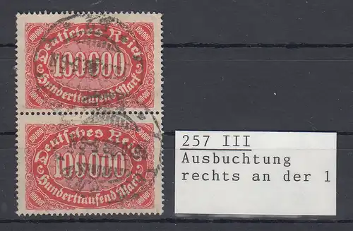 Dt. Reich Infla Mi.-Nr. 257 mit PLF III Ausbuchtung an der 1,  O im Paar