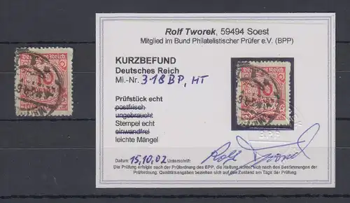 Dt. Reich Infla Mi.-Nr. 318 B mit Sprung im Korbdeckel, HT gepr. KB Tworek BPP