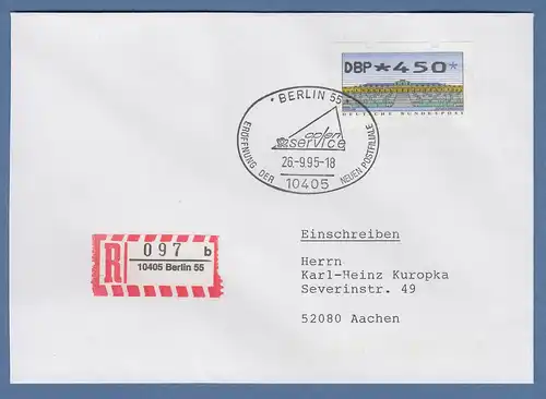 ATM 2.2.1  Wert 450 auf R-Brief mit So.-O BERLIN 55 Neue Postfiliale 26.9.95