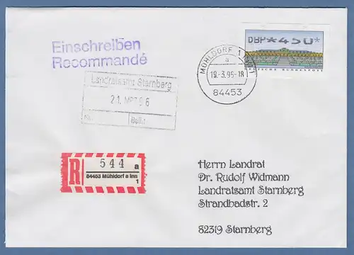 ATM 2.2.1  Wert 450 Teildruck auf R-Brief gelaufen von Mühldorf am Inn, 19.3.95