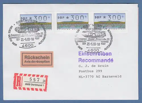 ATM 2.1.1 Wert 300 3x als MEF auf R-Rsch.-Brief mit Sonder-O DORTMUND, 23.5.93