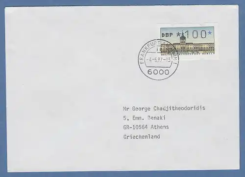 ATM Berlin Wert 100 Pfg auf Brief nach Griechenland, FDC 4.5.1987 O Frankfurt