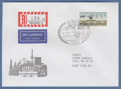 ATM Berlin Wert 285 auf Luftpost-R-Brief mit Sonder-O Berlin Ersttag 4.5.87 