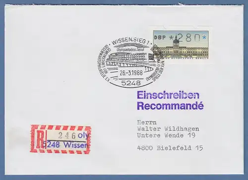 ATM Berlin Wert 280 auf R-Brief mit Sonder-O WISSEN SIEG 26.3.88 OLYMBRIA `88