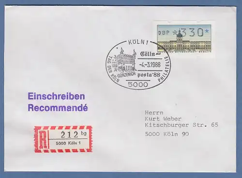 ATM Berlin Wert 330 auf R-Brief mit Sonder-O KÖLN 4.3.88 Cöllnposta `88