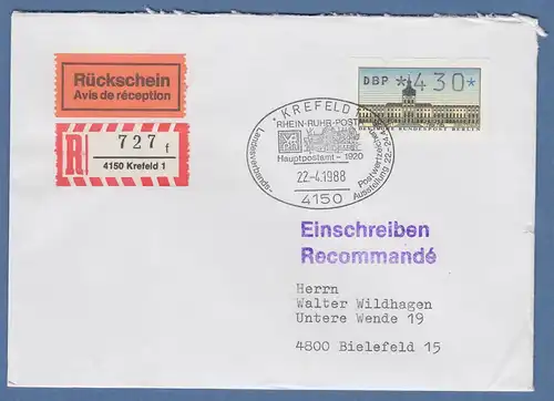 ATM Berlin Wert 430 auf R-Rsch-Brief mit So-O KREFELD Rhein-Ruhr-Posta 22.4.88
