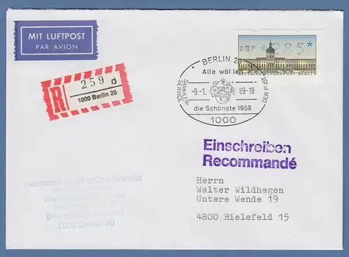 ATM Berlin Wert 285 auf Lp-R-Brief mit Sonder-O BERLIN Wahl der Schönsten 9.1.89