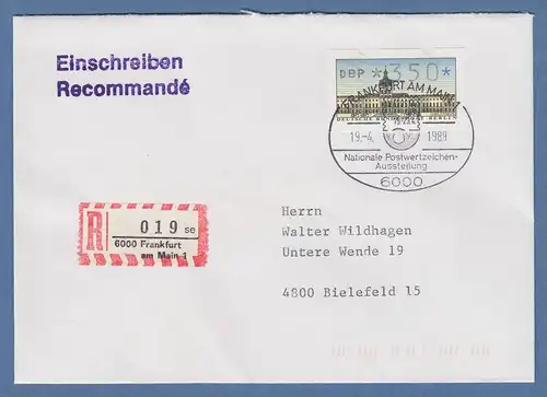 ATM Berlin Wert 350 auf R-Brief mit So.-O Frankfurt NAPOSTA 19.4.89