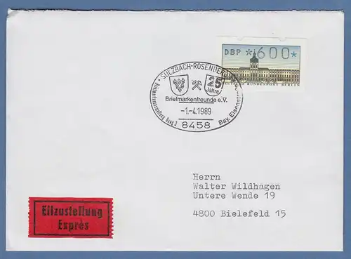 ATM Berlin Wert 600 auf Expres-Brief mit So.-O SULZBACH-ROSENBERG 1.4.89