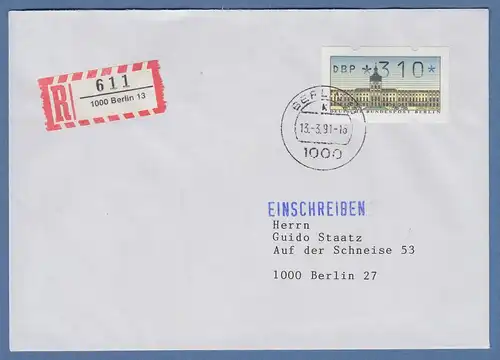 ATM Berlin Wert 310 auf R-Brief innerh. Berlins mit Tages-O BERLIN 13  13.3.91