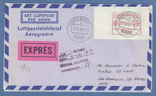 Luxemburg ATM P2501 Wert 49 auf Aerogramm in die USA,  O 17.18.83  !!!