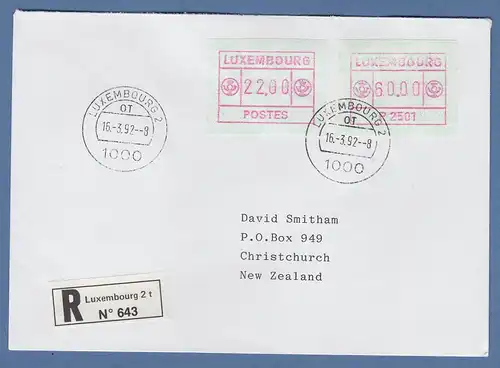 Luxemburg ATM P2501 Werte 22 und 60 auf R-Brief nach Neuseeland, O 16.3.92