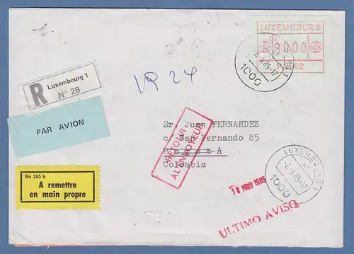 Luxemburg ATM P2502 Wert 80 auf R-Eigenhändig-Brief n. Kolumbien, 2.5.85, retour
