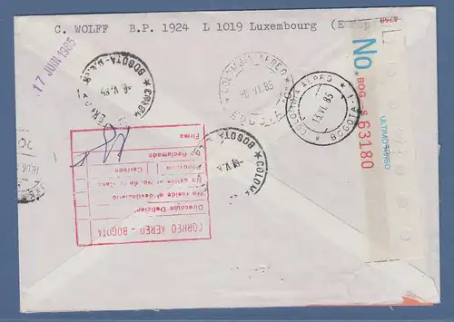 Luxemburg ATM P2502 Wert 80 auf R-Eigenhändig-Brief n. Kolumbien, 2.5.85, retour