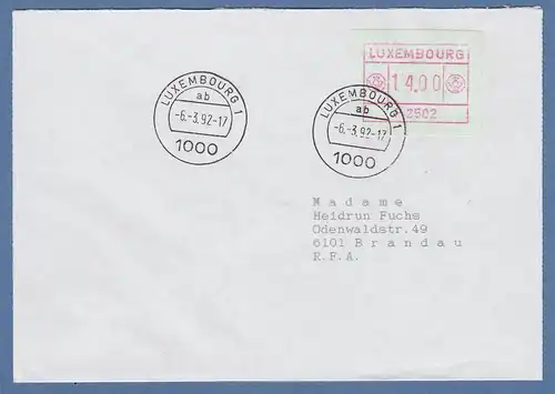 Luxemburg ATM P2502 Wert 14 auf Brief nach Brandau O 6.3.92