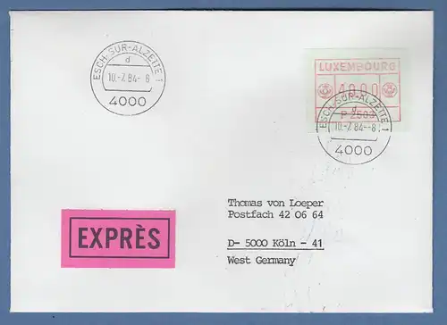 Luxemburg ATM P2503 hoher Wert 40,00 auf Exprès-FDC nach Köln, 10.7.84