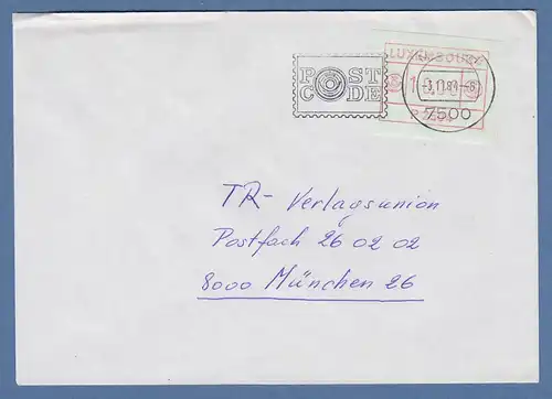 Luxemburg ATM P2504 Wert 10,00 auf Brief nach München, O MERSCH 3.11.84