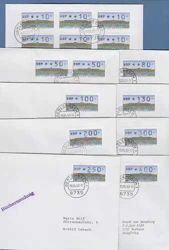 ATM 2.1.2 Lot 9 FDC's 19.5.93. (fast ganzer Satz, fehlt Wert 350) 