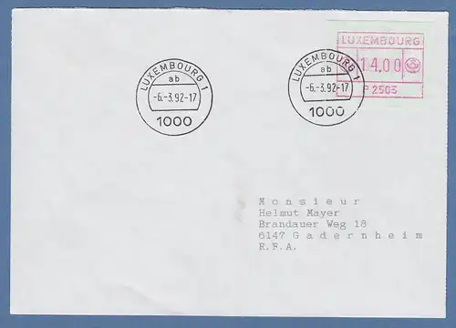 Luxemburg ATM P2505 Wert 14.00 auf Brief nach Deutschland, Tages-O 6.3.92