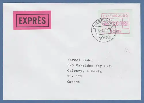 Luxemburg ATM P2505 Wert 72.00 auf Express-Brief nach Kanada Letzttags-O 16.3.92