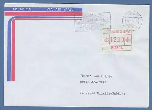 Luxemburg ATM P2506 Wert 12.00 auf FDC nach Frankreich, Masch.-O 22.5.86