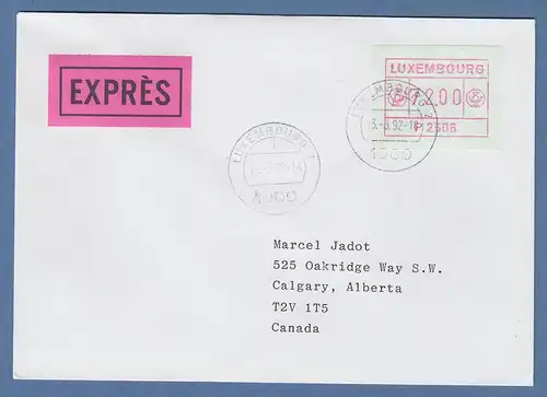 Luxemburg ATM P2506 Wert 72.00 auf Express-Brief nach Kanada, O 13.3.92