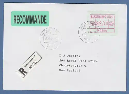 Luxemburg ATM P2506 Wert 82.00 auf R-Brief nach Neuseeland, O 13.3.92