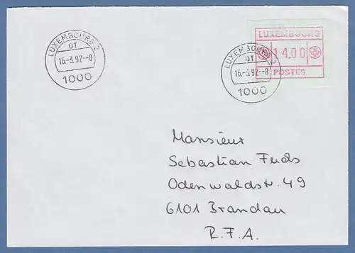 Luxemburg ATM kleines POSTES Mi.-Nr. 2 Wert 14.00 auf FDC nach Brandau 16.3.92