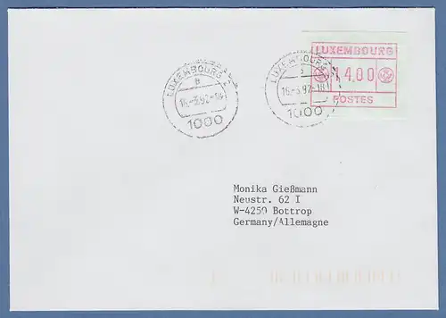 Luxemburg ATM kleines POSTES Mi.-Nr. 2 Wert 14.00 auf FDC nach Bottrop 16.3.92