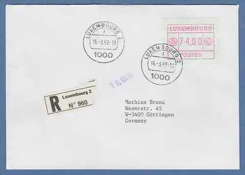 Luxemburg ATM kl. POSTES Mi.-Nr. 2 Wert 74.00 auf R-FDC nach D,  O 16.3.92