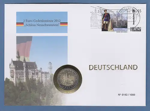 Bayern Schloss Neuschwanstein Numisbrief mit Marke individuell und 2€-Münze 2012