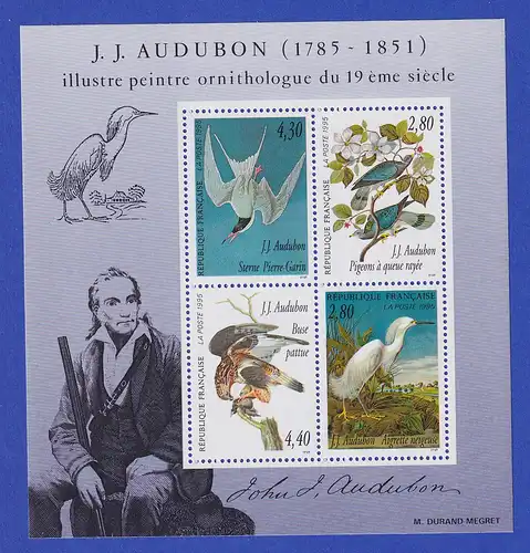 Frankreich 1995 Dekorative Kunst Vogelzeichnungen Auduban Mi.-Nr. Bl.16 **