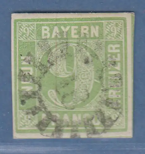 Bayern 9 Kreuzer gelbgrün Mi-Nr. 5d III mit PLF V  Strich durch den Kopf der 9 O