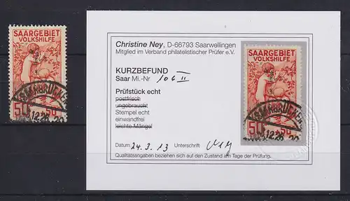 Saar 1926 Volkshilfe Mi.-Nr. 106 mit PLF II gest. gepr. mit KB Ney VPP