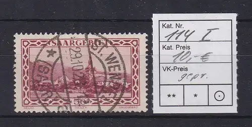 Saar 1927 Abtei Tholey Mi.-Nr. 114 mit PLF I gestempelt gepr. Ney BPP