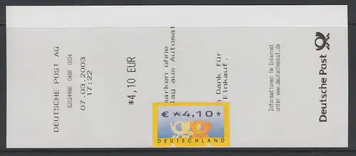 ATM Posthörner Mi.-Nr. 4.1 Papier-Spätverwendung März 2003  Wert 4,10 mit AQ **
