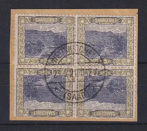 Saar 1921 Mi.-Nr. 53 Viererblock mit 2x Kehrdruck Kdr III gest. NEUNKIRCHEN