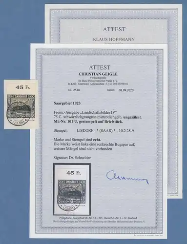 Saar 1923 75 C. Mi.-Nr. 101 UNGEZÄHNT Oberrandstück O mit FA Geigle BPP (2020)