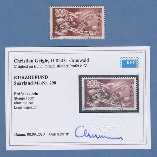 Saarland 1950 Europarat 200 F Luftpostmarke Mi.-Nr. 298  O gepr. mit KB Geigle 